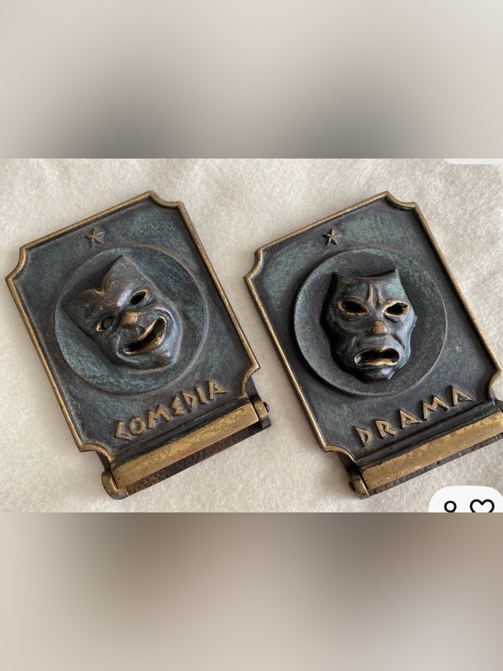 Vintage Israeli Dayagi Bronze Comedy and Drama Bookends